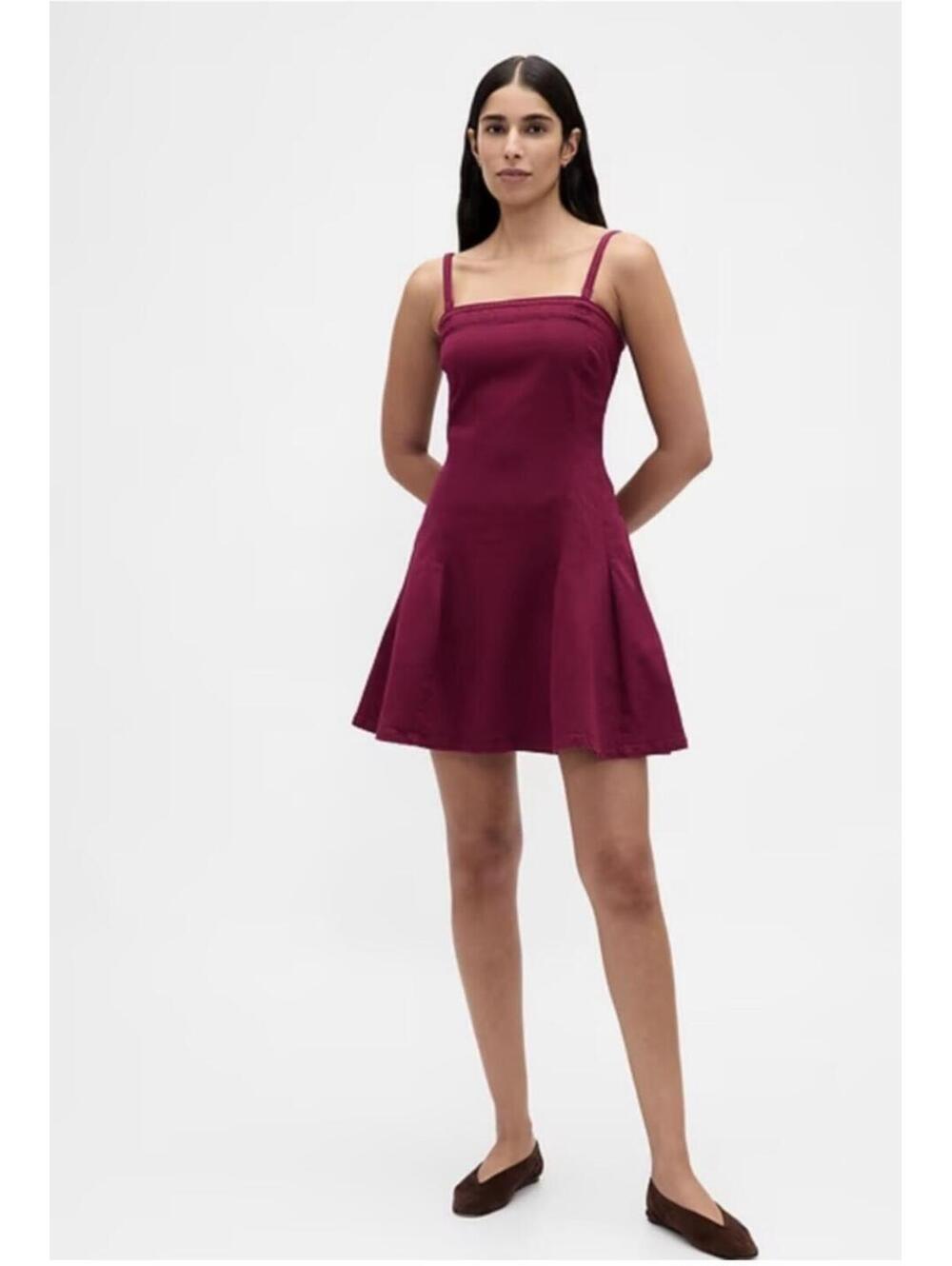 New Wine Red Denim Fit & Flare Dress Removable Straps
